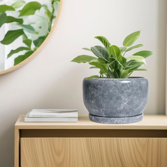 SQOWL Keramiktopf für Pflanzen – 25,4 cm Pflanztopf für den Innenbereich mit Ablaufloch und Untersetzer, runder Keramik-Pflanzgefäß, dekorativer großer Blumentopf für den Außenbereich, Heimbüro