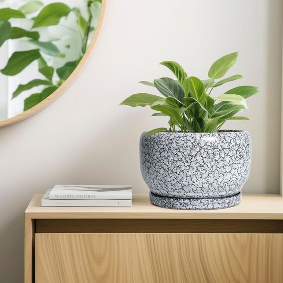 SQOWL Keramik-Pflanzgefäße – 25,4 cm Keramik-Blumentopf mit Ablaufloch und Untersetzer, dekorativer Blumentopf für den Innenbereich, runder großer Übertopf für den Außenbereich, Badezimmer-Dekor