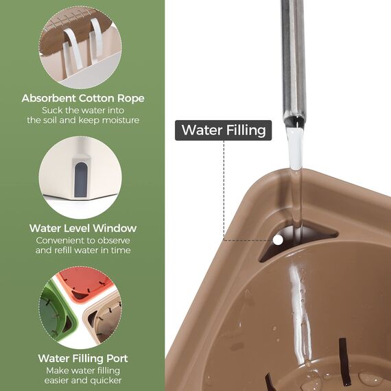 T4U 27cm Selbstwässernder Blumenkasten Kräutertopf mit ERD-Bewässerungs-System Braun 3er-Set Kunststoff Blumentopf Pflanzgefäß Rechteck für Küche Balkon Fensterbank