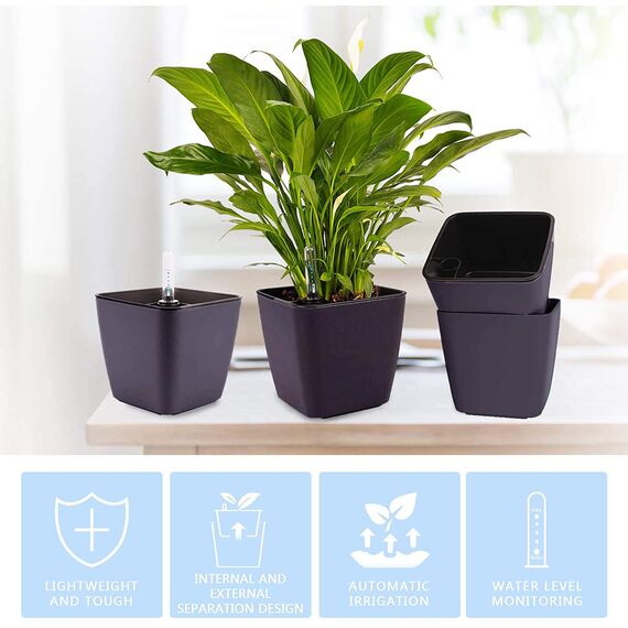 Herefun Plastik Selbstbewässerung Blumentopf mit Wasseranzeiger, 4er-Set Plastik Pflanzgefäße Selbstwässernde Wasserspeicher Pflanzgefäße Klein Blumentopf Pflanztopf für Zimmerpflanzen(A)