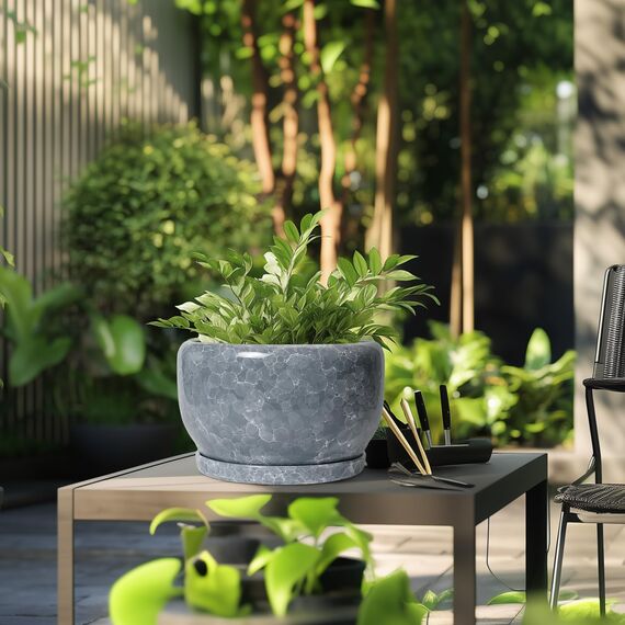 SQOWL Keramiktopf für Pflanzen – 25,4 cm Pflanztopf für den Innenbereich mit Ablaufloch und Untersetzer, runder Keramik-Pflanzgefäß, dekorativer großer Blumentopf für den Außenbereich, Heimbüro