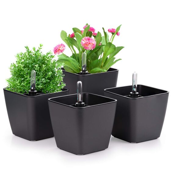 Herefun Plastik Selbstbewässerung Blumentopf mit Wasseranzeiger, 4er-Set Plastik Pflanzgefäße Selbstwässernde Wasserspeicher Pflanzgefäße Klein Blumentopf Pflanztopf für Zimmerpflanzen(A)