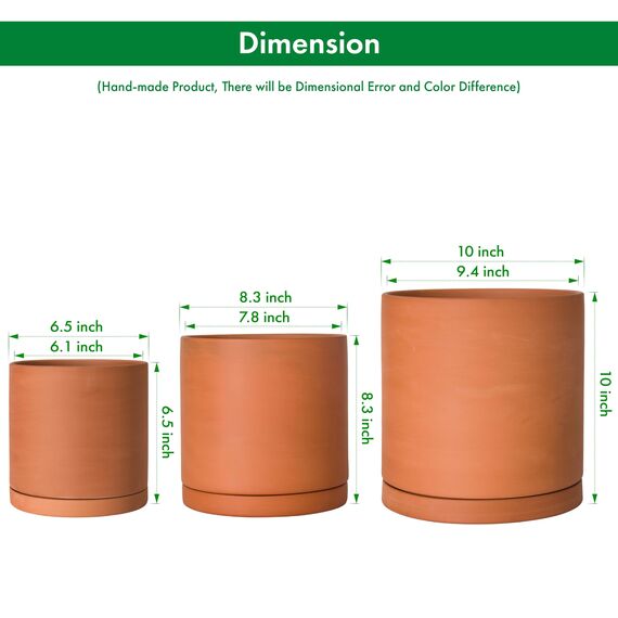 D'vine Dev Terrakotta-Töpfe für Pflanzen, 16,5 cm, 21,6 cm, 25,4 cm, runder Zylinder-Pflanztopf mit Drainage und Untersetzer, 40-T-C-0