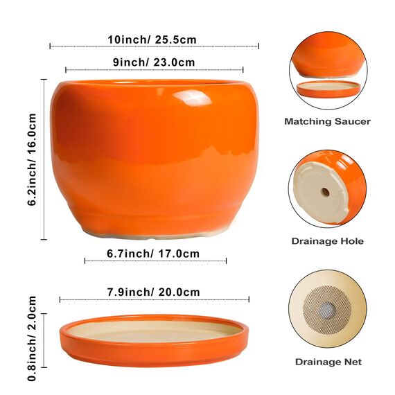 SQOWL Keramik-Pflanzgefäß - 25,4 cm Pflanztopf mit Ablaufloch und Untersetzer, runder moderner Übertopf für Innen- und Außenbereich, dekorativer großer Blumentopf, Hausdekoration, Geschenke für Frauen