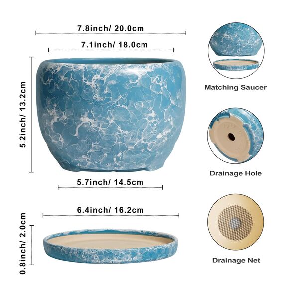 SQOWL Keramiktöpfe für Pflanzen – 20,3 cm Keramik-Pflanzgefäß für drinnen und draußen, dekorativer Blumentopf mit Ablaufloch und Untersetzer, runder Pflanzgefäß, Heim-Wohnzimmer, Badezimmer-Dekor
