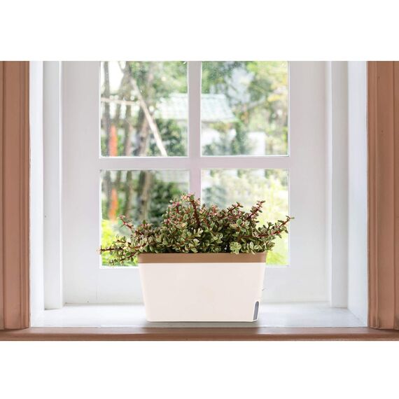 T4U 27cm Selbstwässernder Blumenkasten Kräutertopf mit ERD-Bewässerungs-System Braun 3er-Set Kunststoff Blumentopf Pflanzgefäß Rechteck für Küche Balkon Fensterbank