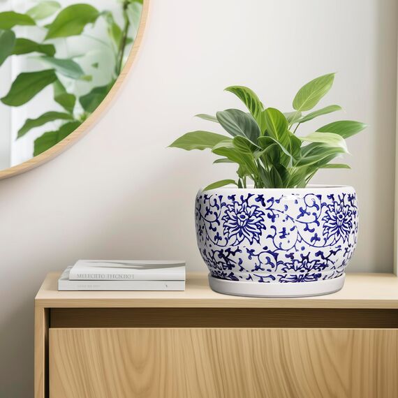 SQOWL Keramiktöpfe für Pflanzen – 25,4 cm Keramik-Blumentöpfe mit Ablaufloch und Untersetzer, runder großer Übertopf für den Innenbereich, dekorativer Porzellan-Pflanzgefäß für den Außenbereich