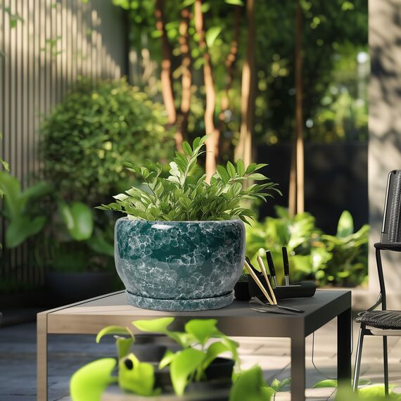 SQOWL 25,4 cm Pflanztopf – Keramik-Übertopf für Zimmerpflanzen im Freien, großer Keramik-Blumentopf mit Ablaufloch und Untersetzer, dekorativer runder Übertopf, Wohnzimmerdekoration, Geschenke für