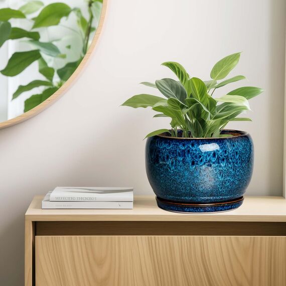 SQOWL 25,4 cm Pflanztopf – Keramik Pflanztopf mit Drainageloch und Untersetzer, dekorativer Pflanztopf für Innen- und Außenbereich, runder großer Übertopf Blumentopf, Blau