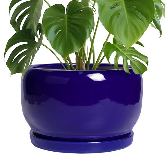 SQOWL Keramik-Blumentopf, 25,4 cm, Keramik-Übertopf für drinnen und draußen, runder Blumentopf mit Ablaufloch und Untersetzer, moderner dekorativer großer Pflanzgefäß, Gartendekoration