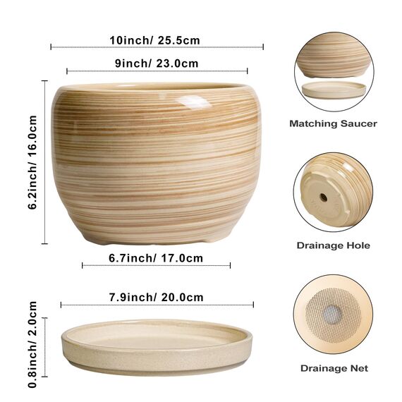 SQOWL Keramik-Blumentopf, 25,4 cm, großer Übertopf mit Ablaufloch und Untersetzer, runder moderner Übertopf für Zimmerpflanze, Outdoor, dekorativer Keramik-Blumentopf, Veranda-Dekor, Gartengeschenk