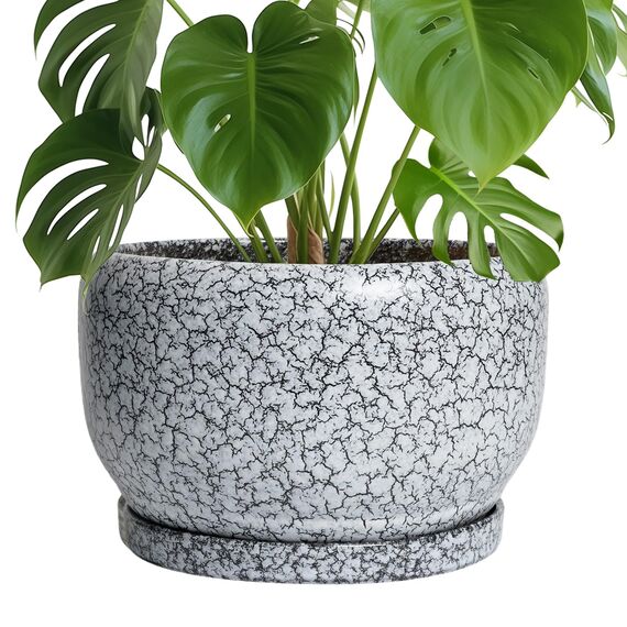 SQOWL Keramik-Pflanzgefäße – 25,4 cm Keramik-Blumentopf mit Ablaufloch und Untersetzer, dekorativer Blumentopf für den Innenbereich, runder großer Übertopf für den Außenbereich, Badezimmer-Dekor