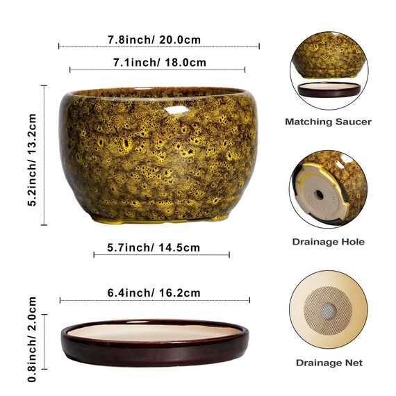 SQOWL Keramik-Blumentöpfe – 20,3 cm Keramik-Übertopf für Zimmerpflanzen, dekorative Blumentöpfe mit Ablaufloch und Untersetzer, runder Übertopf für den Außenbereich, Veranda, Hinterhof-Dekoration