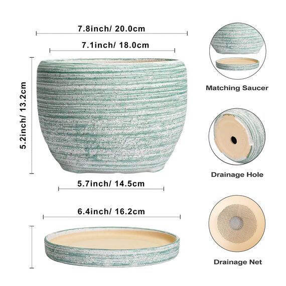 SQOWL Keramik-Pflanzgefäß – 20,3 cm Pflanztopf für Innen- und Außenbereich, rund, Keramik-Pflanzgefäß mit Ablaufloch und Untersetzer, gebürstetes Grün