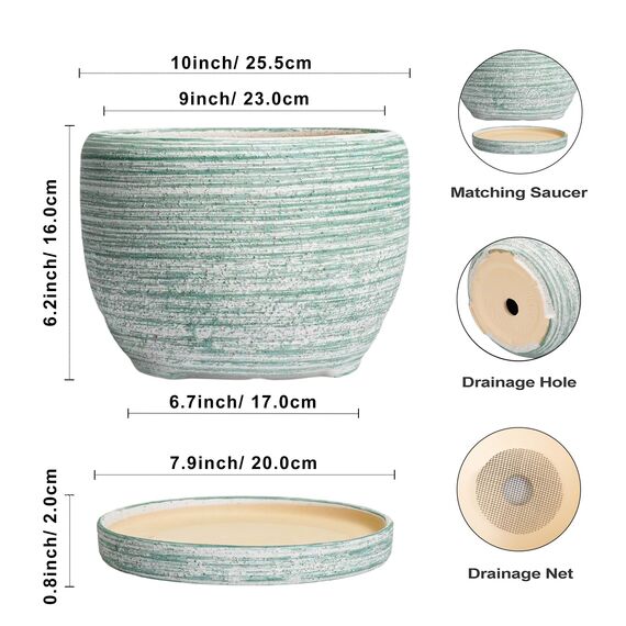 SQOWL 25,4 cm Pflanzkübel – Keramik-Übertopf mit Ablaufloch und Untersetzer, dekorativer Blumentopf für Innen- und Außenbereich, runder Übertopf, gebürstetes Grün