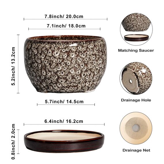 SQOWL Keramik-Pflanzgefäß – 20,3 cm Pflanztopf für den Innenbereich mit Ablaufloch und Untersetzer, runde Keramik-Blumentöpfe für den Außenbereich, dekorativer moderner Übertopf, Büro-Küchendekoration