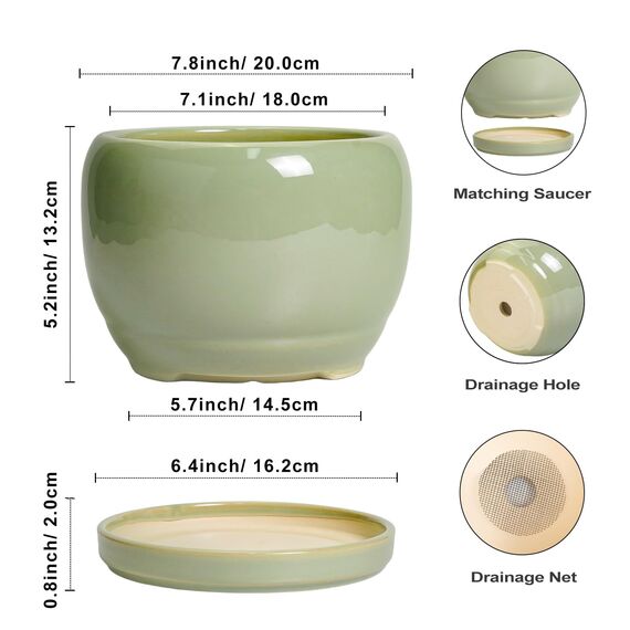 SQOWL 20,3 cm großer Blumentopf – Keramik-Pflanzgefäße mit Ablaufloch und Tablett, runder Blumentopf für Zimmerpflanzen, Moderne dekorative Pflanzgefäße für den Außenbereich, Gartendekoration