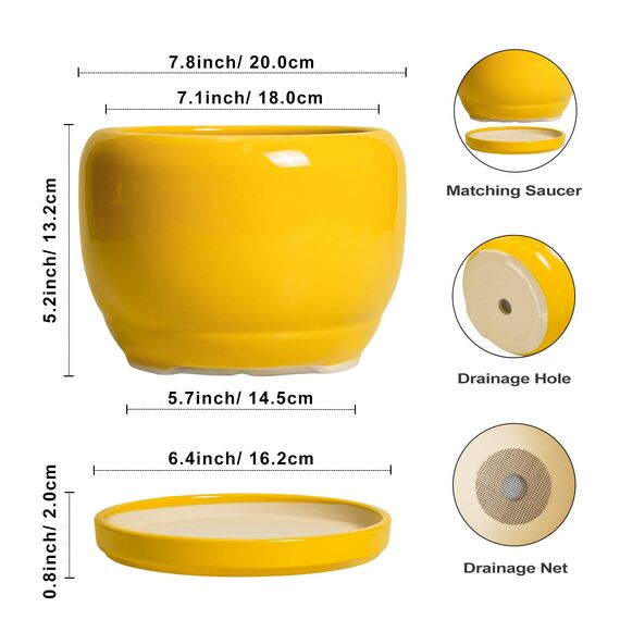 SQOWL Keramik-Blumentopf, 20,3 cm, Übertopf für drinnen und draußen, dekorativer Blumentopf mit Ablaufloch und Untersetzer, moderner runder Übertopf für Blume, Schreibtischdekoration