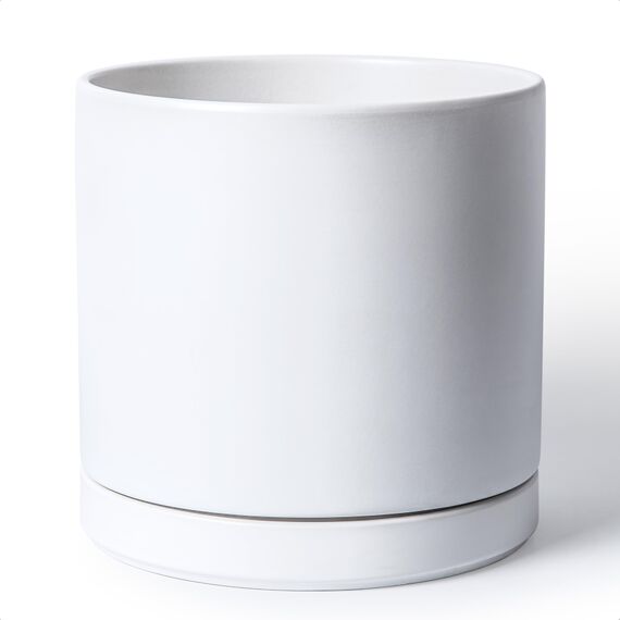 D'vine Dev 94-O-F-1 Keramik-Blumentopf mit Ablaufloch und Untersetzer, zylinderförmig, runder Blumentopf für den Innenbereich, Weiß, 30,5 cm