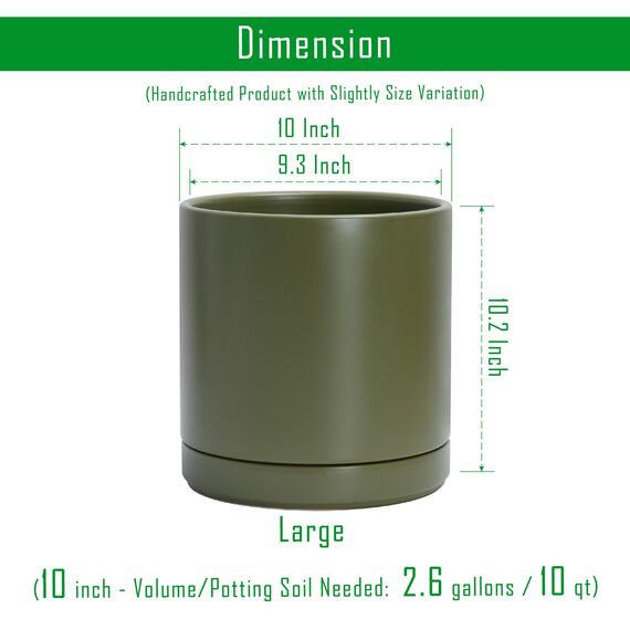 D'vine Dev 25,4 cm Keramik-Pflanztopf mit Ablaufloch und Untersetzer, Zylinder, runder Pflanztopf für den Innenbereich, Olivgrün, 94-O-E-J