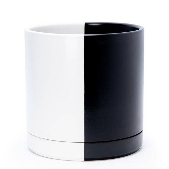 D'vine Dev 25,4 cm Keramik-Pflanztopf mit Ablaufloch und Untersetzer, Zylinder, runder Pflanztopf für den Innenbereich, geteilt, einfarbig, Schwarz und Weiß, 94-O-E-0