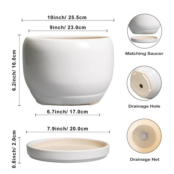 SQOWL Keramiktopf für Pflanzen – 25,4 cm Übertopf mit Ablaufloch und Untersetzer, runder Keramik-Blumentopf für drinnen und draußen, moderner dekorativer großer Übertopf, Terrassendekoration