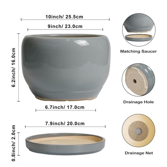 SQOWL 25,4 cm großer Blumentopf – Keramik-Übertopf für Zimmerpflanzen, runder Keramik-Blumentopf mit Ablaufloch und Untersetzer, moderner großer Outdoor-Pflanzgefäß, Raumdekoration