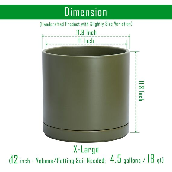 D'vine Dev 30,5 cm Keramik-Pflanztopf mit Ablaufloch und Untersetzer, Zylinder, runder Pflanztopf für den Innenbereich, Olivgrün, 94-O-F-J
