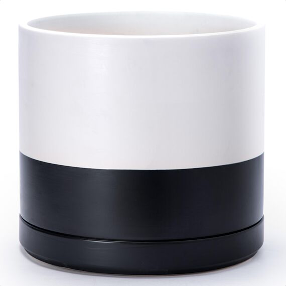 D'vine Dev 35,6 cm Keramik-Pflanztopf mit Ablaufloch und Untersetzer, Zylinder, runder Übertopf für den Innenbereich, geschichtet, einfarbig, Schwarz und Weiß, 94-O-G-L