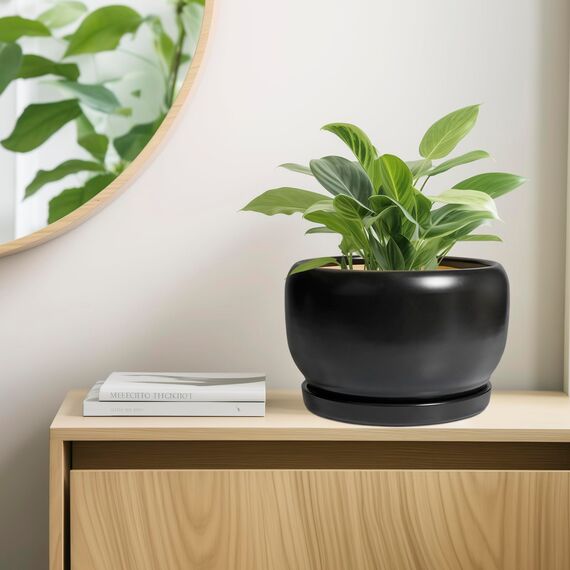 SQOWL Keramik-Blumentopf, 25,4 cm, Übertopf mit Ablaufloch und Untersetzer, moderner großer Pflanztopf für drinnen und draußen, dekorativer runder Übertopf, Schlafzimmerdekoration, Geschenke für