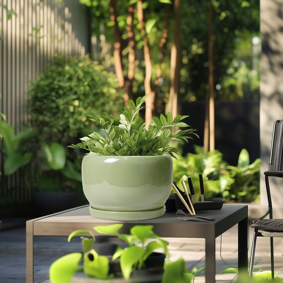 SQOWL 25,4 cm Pflanztopf - Keramik Pflanztopf mit Drainageloch und Untersetzer, dekorativer Pflanztopf für Innen- und Außenbereich, runder großer Übertopf Blumentopf, Grün