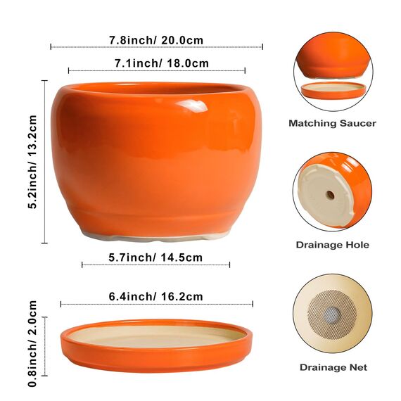 SQOWL Keramiktopf für Pflanzen – 20,3 cm Pflanztopf für drinnen und draußen, moderner runder Übertopf mit Ablaufloch und Untersetzer, dekorativer Übertopf für Blume, Bürodekoration, Gartengeschenke