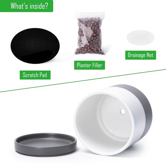 D'vine Dev 94-O-D-6 Keramik-Pflanztopf mit Ablaufloch und Untersetzer, zylinderförmig, rund, 20,3 cm, weiß gesprenkelt grau
