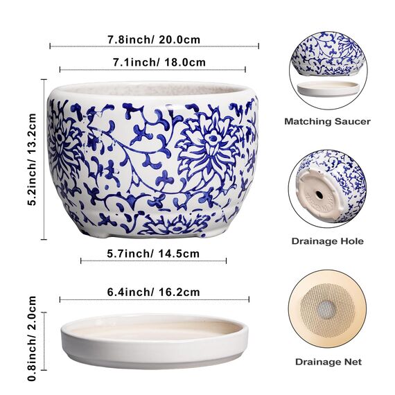 SQOWL Keramiktöpfe für Pflanzen – 20,3 cm Keramik-Pflanzgefäß mit Ablaufloch und Untersetzer, runde Blumentöpfe für Zimmerpflanzen, Porzellan-Pflanzgefäß für den Außenbereich, Veranda-Dekor, Geschenke
