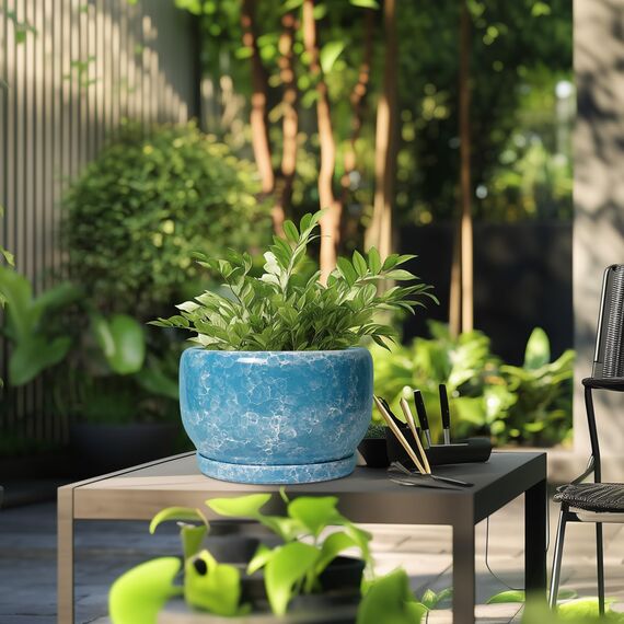 SQOWL Keramik-Pflanzgefäße – 25,4 cm Pflanztopf für den Innenbereich mit Ablaufloch und Untersetzer, dekorativer Blumentopf für den Außenbereich, runder großer Übertopf, Wohnzimmer, Büro