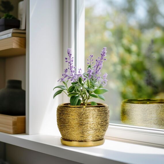 SQOWL Keramik-Pflanzgefäß – 15,2 cm Pflanztopf für drinnen und draußen, moderner runder Übertopf mit Ablaufloch und Pflanzen-Untersetzer, dekorativer Kleiner Blumentopf, Heimdekoration