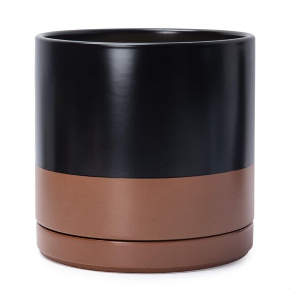 D'vine Dev 30,5 cm Keramik-Pflanztopf mit Ablaufloch und Untersetzer, Zylinder, runder Pflanztopf für den Innenbereich, Schwarz/gesprenkeltes Hellbraun, 94-O-F-7