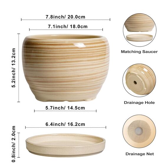SQOWL Keramik-Pflanzgefäß, 20,3 cm, für drinnen und draußen, runder Übertopf mit Ablaufloch und Untersetzer, dekorativer moderner Keramik-Blumentopf, Wohnzimmerdekoration, Gartengeschenke, Gelb