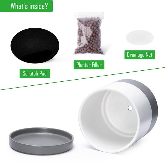 D'vine Dev 94-O-E-6 Keramik-Blumentopf mit Ablaufloch und Untersetzer, zylinderförmig, runder Blumentopf für den Innenbereich, Weiß/Grau gesprenkelt, 25,4 cm