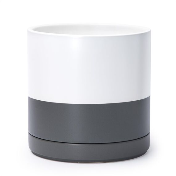 D'vine Dev 94-O-E-6 Keramik-Blumentopf mit Ablaufloch und Untersetzer, zylinderförmig, runder Blumentopf für den Innenbereich, Weiß/Grau gesprenkelt, 25,4 cm