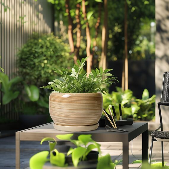 SQOWL Keramik-Blumentopf, 25,4 cm, großer Übertopf mit Ablaufloch und Untersetzer, runder moderner Übertopf für Zimmerpflanze, Outdoor, dekorativer Keramik-Blumentopf, Veranda-Dekor, Gartengeschenk
