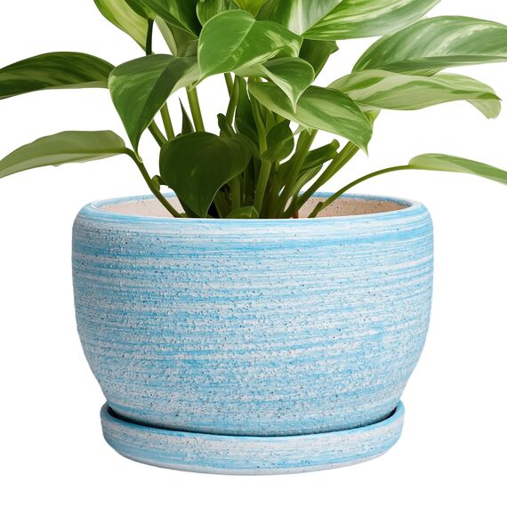 SQOWL Keramik-Pflanzgefäß – 20,3 cm Pflanztopf für Innen- und Außenbereich, rund, Keramik-Pflanzgefäß mit Ablaufloch und Untersetzer, gebürstetes Blau