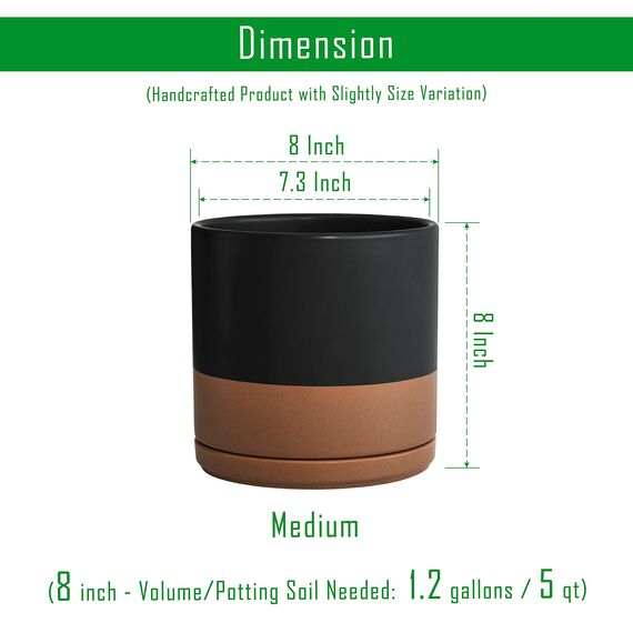 D'vine Dev 94-O-D-7 Keramik-Blumentopf mit Ablaufloch und Untersetzer, zylinderförmig, runder Blumentopf für den Innenbereich, Schwarz/Hellbraun gesprenkelt, 20,3 cm