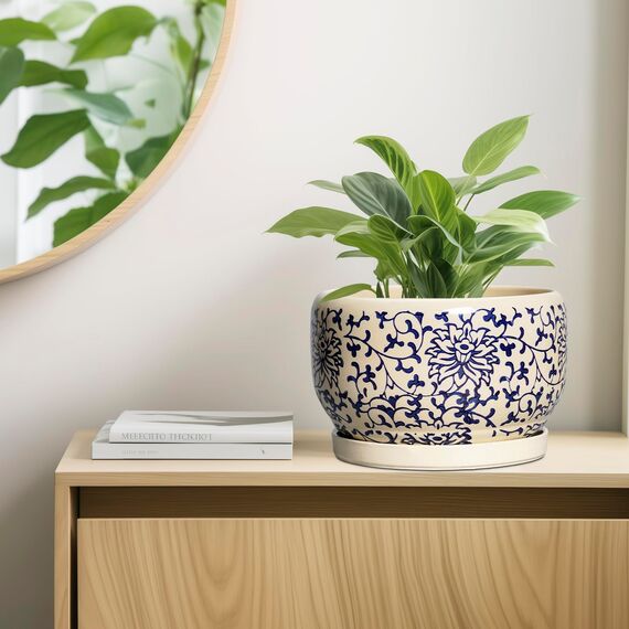 SQOWL 25,4 cm Blumentopf für den Innenbereich, Keramik-Pflanzgefäß mit Ablaufloch und Tablett, große Keramik-Blumentöpfe für den Außenbereich, Porzellan, dekorativer runder Übertopf, Raumdekoration