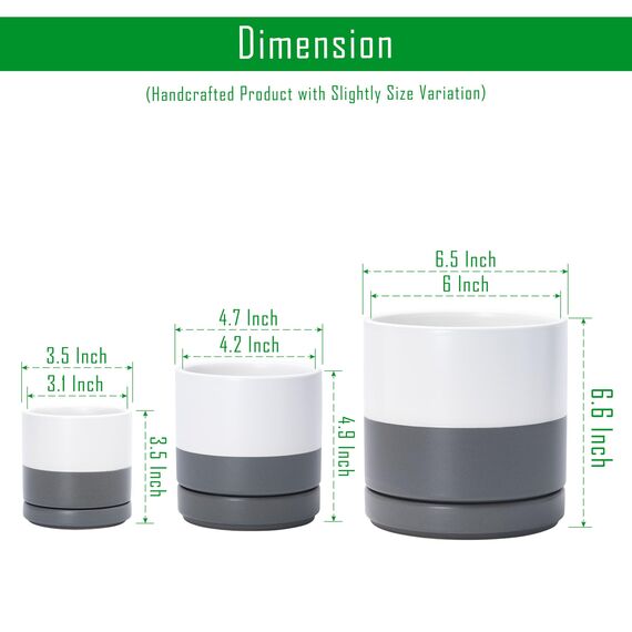 D'vine Dev 94-T-S-6 Runde Keramik-Pflanztöpfe mit Ablaufloch und Untersetzer, 7,6 cm, 10,2 cm und 15,2 cm, 3 Stück, Weiß gesprenkelt