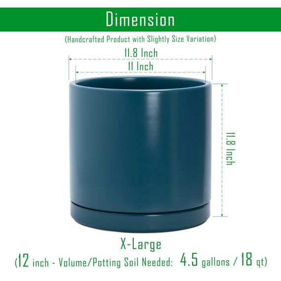 D'vine Dev 30,5 cm Keramik-Pflanztopf mit Ablaufloch und Untersetzer, Zylinder, runder Pflanztopf für den Innenbereich, Blaugrün, 94-O-F-9