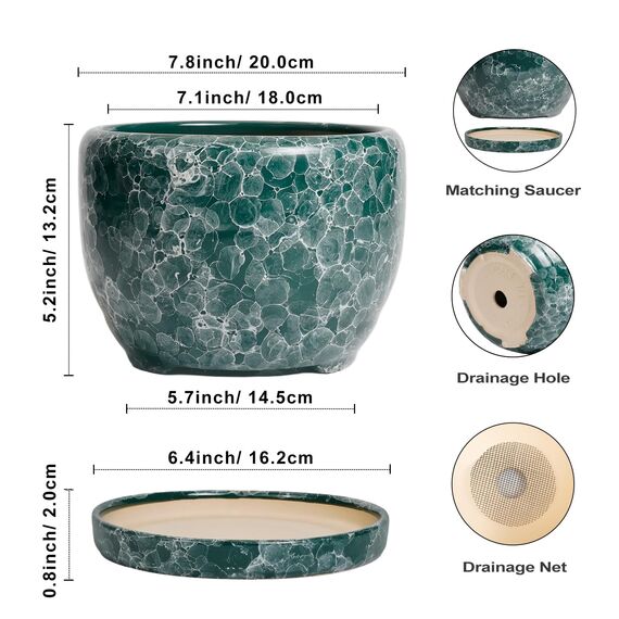 SQOWL 20,3 cm Pflanztopf – Keramik-Übertopf für Zimmerpflanzen, dekorativer Blumentopf mit Ablaufloch und Untersetzer, runder Übertopf für den Außenbereich, Raumterrassendekoration, Gartengeschenke
