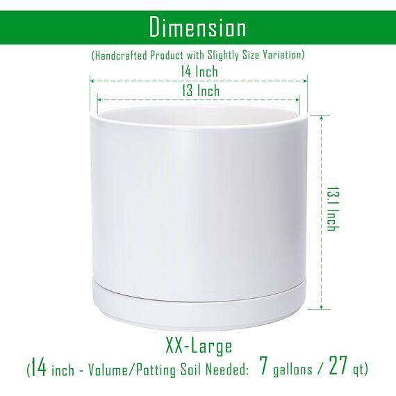 D'vine Dev 94-O-G-1 Keramik-Blumentopf mit Ablaufloch und Untersetzer, zylinderförmig, runder Blumentopf für den Innenbereich, Weiß, 35,6 cm