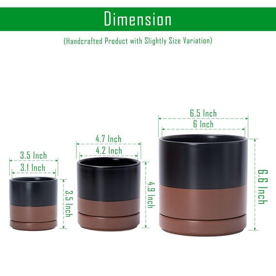 D'vine Dev 94-T-S-7 Runde Keramik-Pflanztöpfe mit Ablaufloch und Untersetzer, 7,6 cm, 10,2 cm und 15,2 cm, 3 Stück