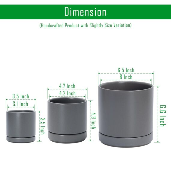 D'vine Dev 94-T-S-3 Runde Keramik-Übertöpfe mit Ablaufloch und Untersetzer, 7,6 cm, 10,2 cm und 15,2 cm, Grau, 3 Stück